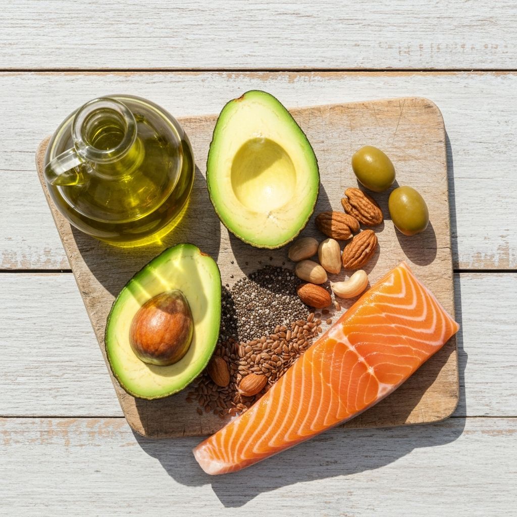 Healthy fat sources including olive oil, avocado, nuts, seeds and fish