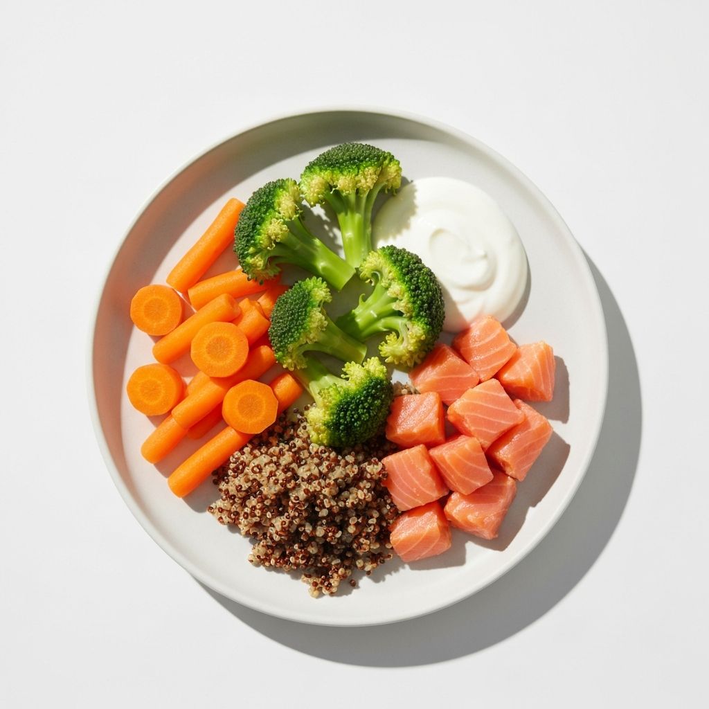 Colorful balanced plate with vegetables, grains, protein and dairy