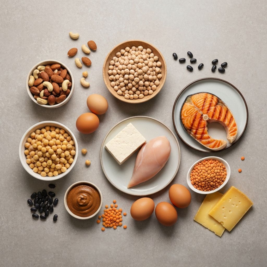 Diverse protein sources including salmon, chicken, beans, nuts, eggs and tofu